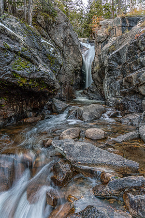 Chasm Falls, lower perspective, with a touch of snow and clinging autumn color.