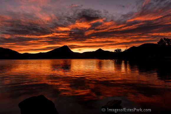 Lake Estes Sunrise - The eastern horizon, featuring Mount Olympus, from an early morning in Estes.