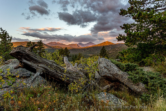 Sun-Kissed Peaks: Twin Sisters, Meeker, Longs Peak, and Kruger Rock.
