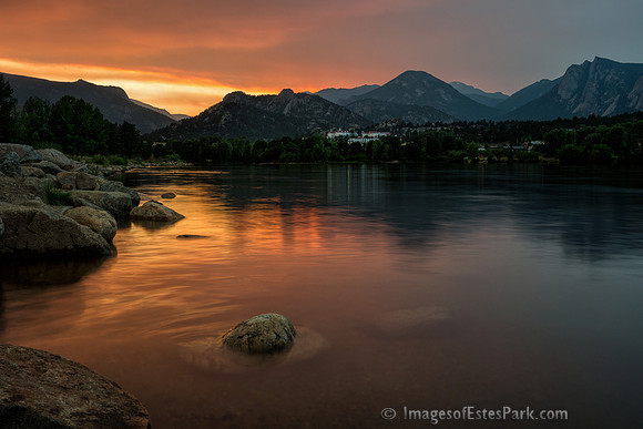 Smokey Sky Sunset. Lake Estes w/Stanley Hotel